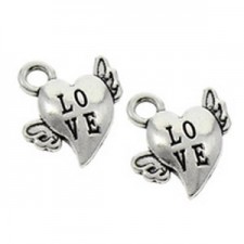 Metal charm Heart "Love" with wings Antique silver